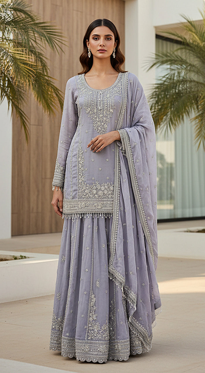 Lilac Tissue Embroidered Sharara Set