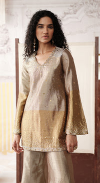 V-neck gold tissue sharara suit with full sleeves - Basanti kapde aur koffee