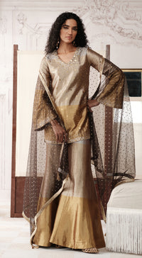 V-neck gold tissue sharara suit with full sleeves - Basanti kapde aur koffee