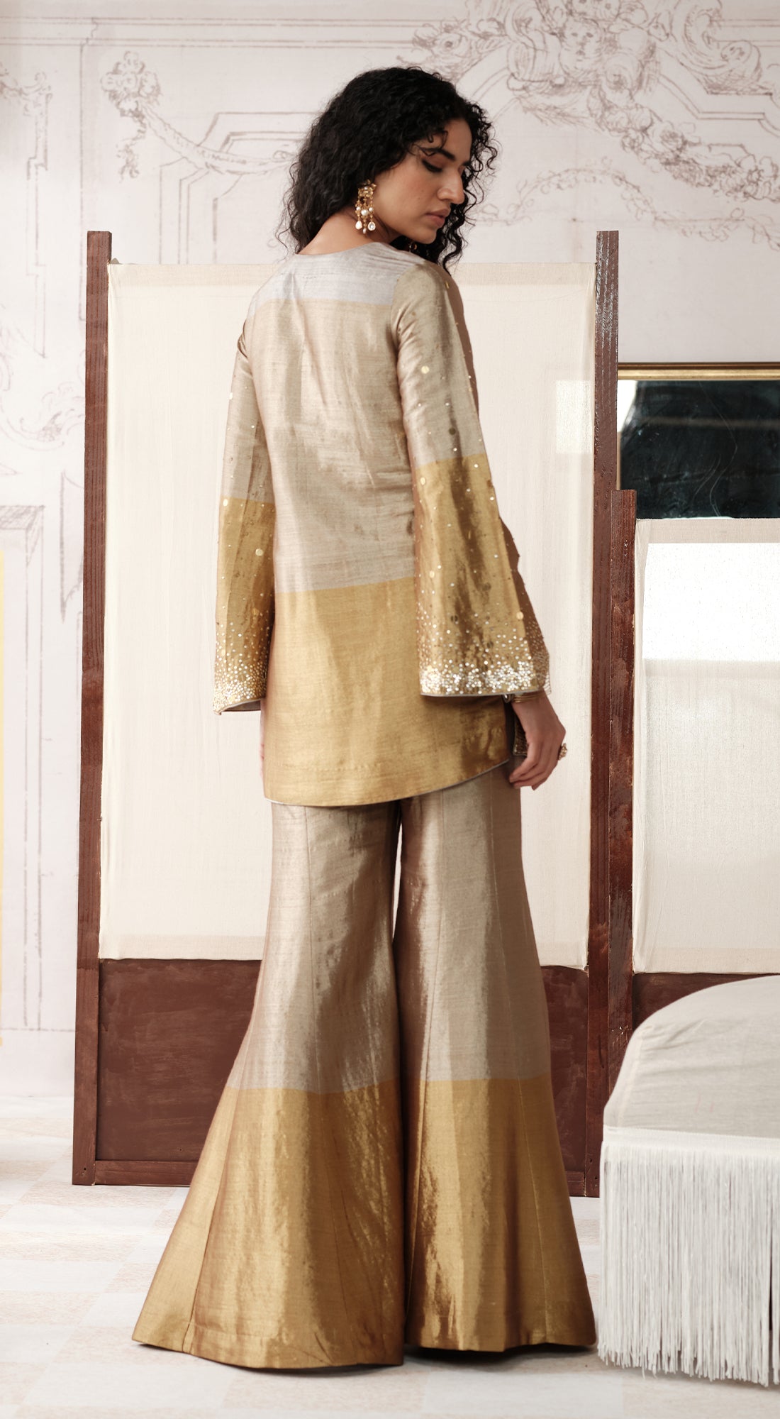 V-neck gold tissue sharara suit with full sleeves - Basanti kapde aur koffee