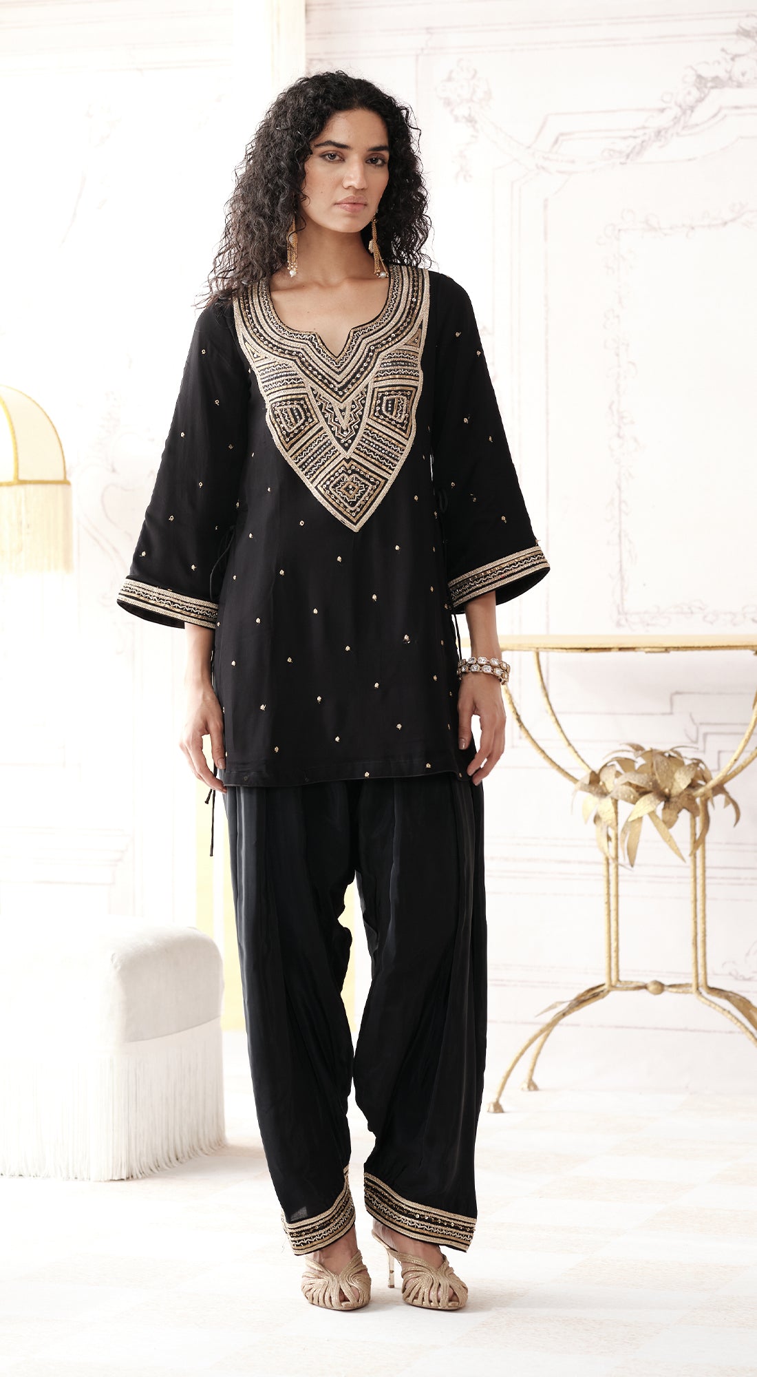 Full-sleeve black kurta set with mirror and gota work - Basanti kapde aur koffee