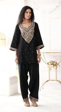 Full-sleeve black kurta set with mirror and gota work - Basanti kapde aur koffee