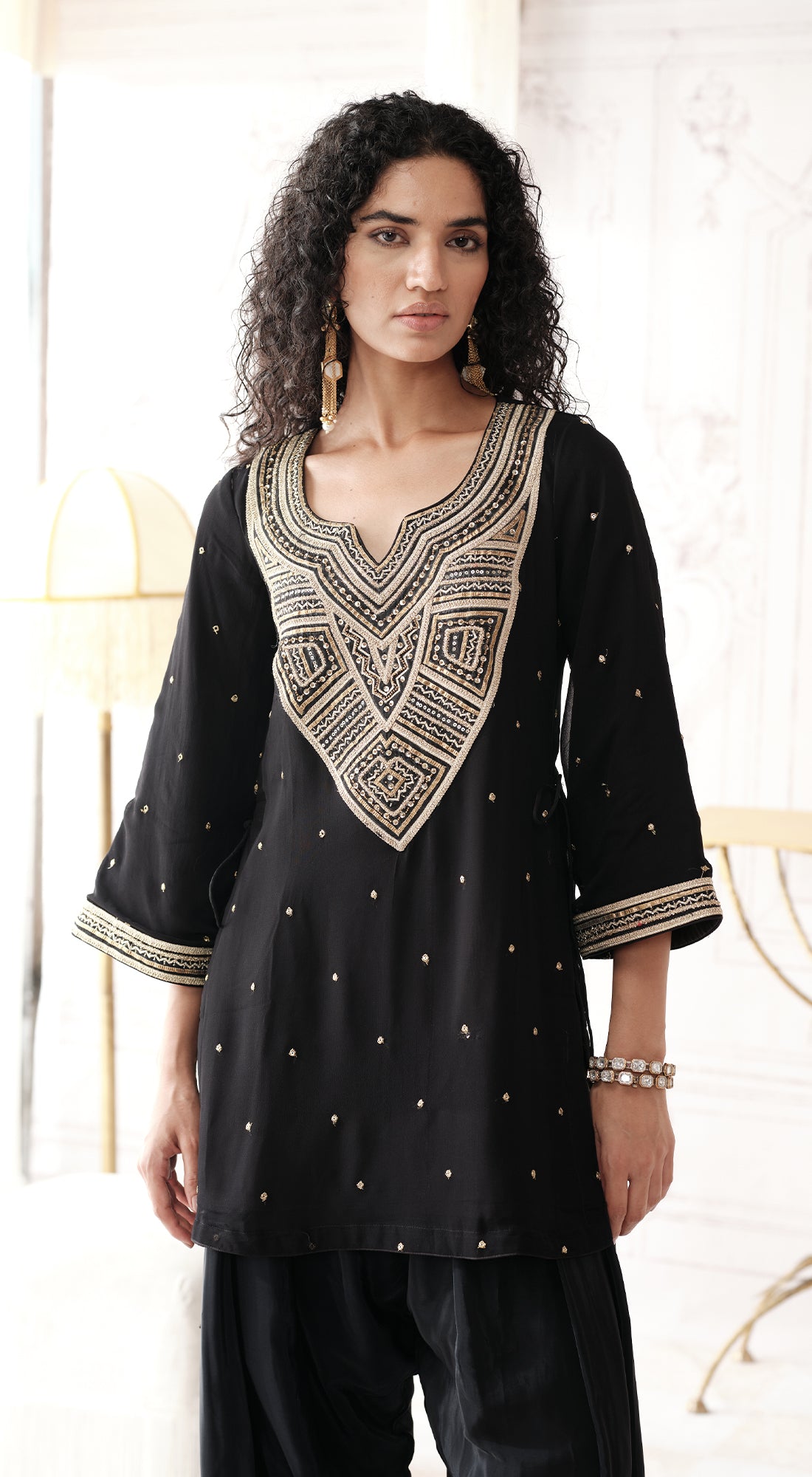 Full-sleeve black kurta set with mirror and gota work - Basanti kapde aur koffee