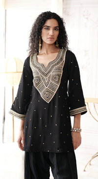 Full-sleeve black kurta set with mirror and gota work - Basanti kapde aur koffee