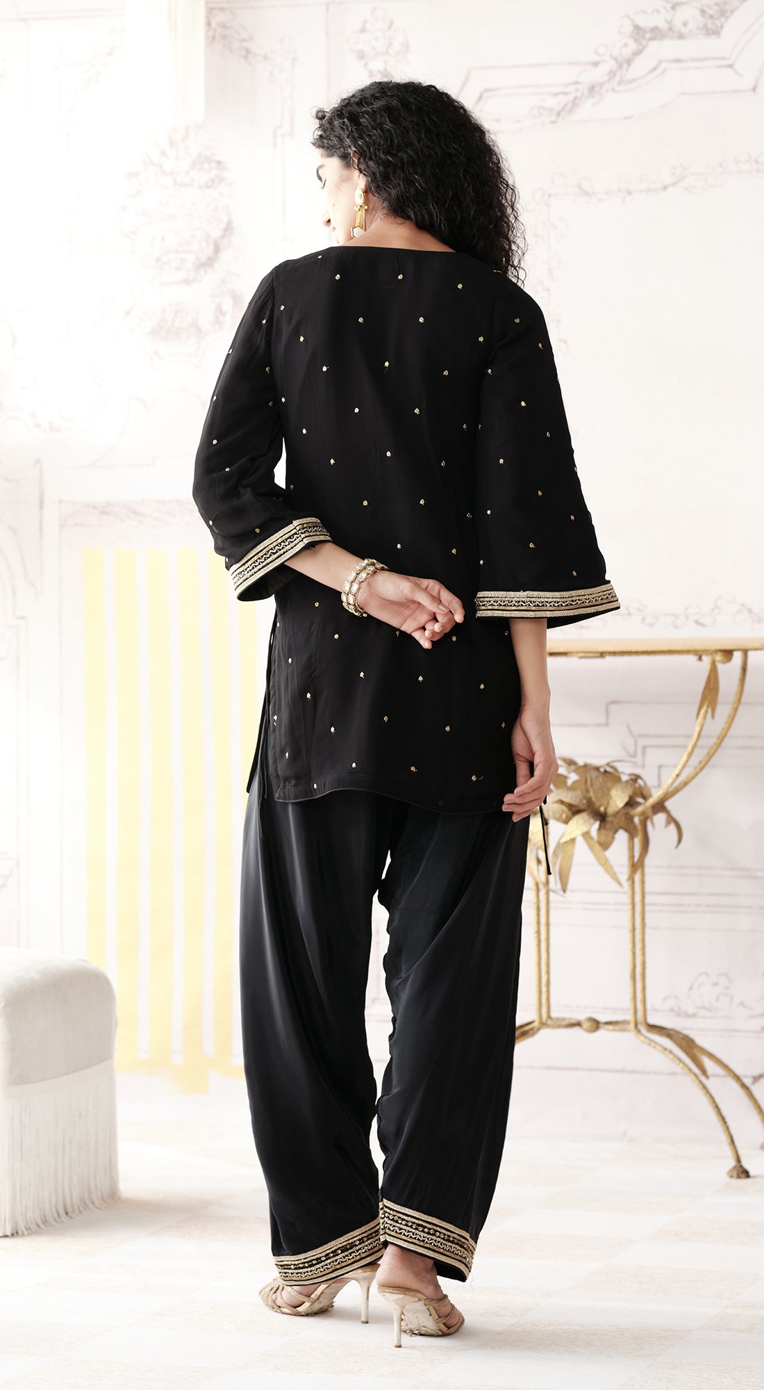 Full-sleeve black kurta set with mirror and gota work - Basanti kapde aur koffee