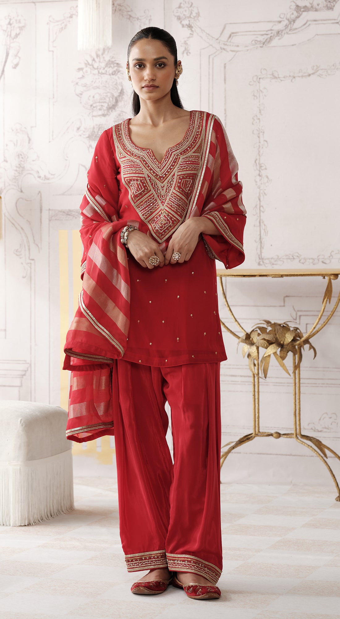 Red mirror work Designer palazzo suit with striped tissue dupatta - Basanti kapde aur koffee