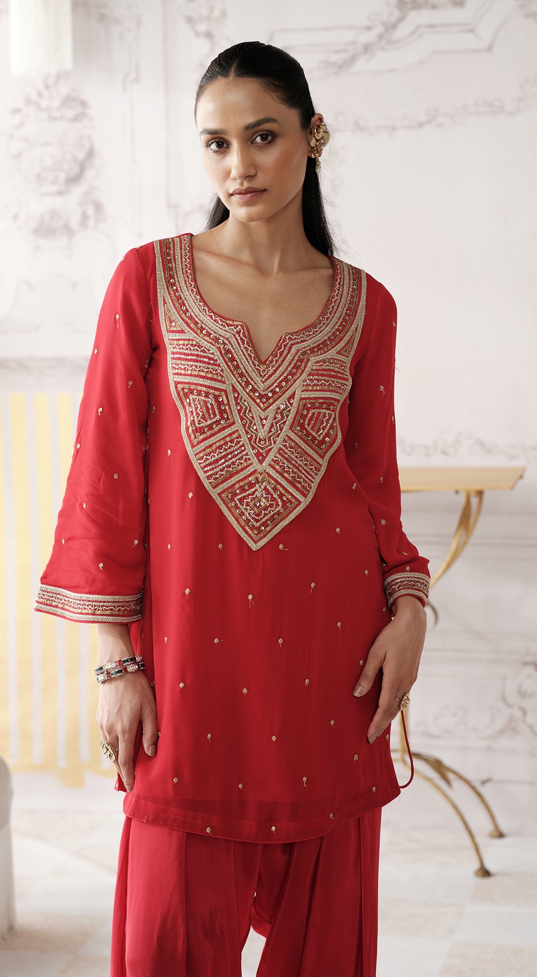 Red mirror work Designer palazzo suit with striped tissue dupatta - Basanti kapde aur koffee