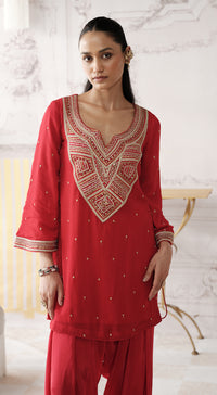 Red mirror work Designer palazzo suit with striped tissue dupatta - Basanti kapde aur koffee