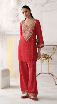 Red mirror work Designer palazzo suit with striped tissue dupatta - Basanti kapde aur koffee