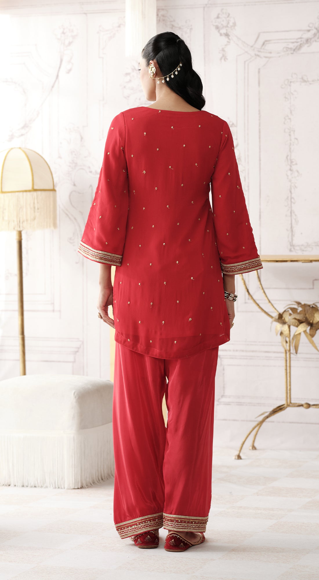 Red mirror work Designer palazzo suit with striped tissue dupatta - Basanti kapde aur koffee