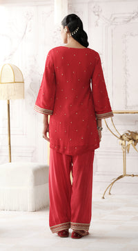 Red mirror work Designer palazzo suit with striped tissue dupatta - Basanti kapde aur koffee