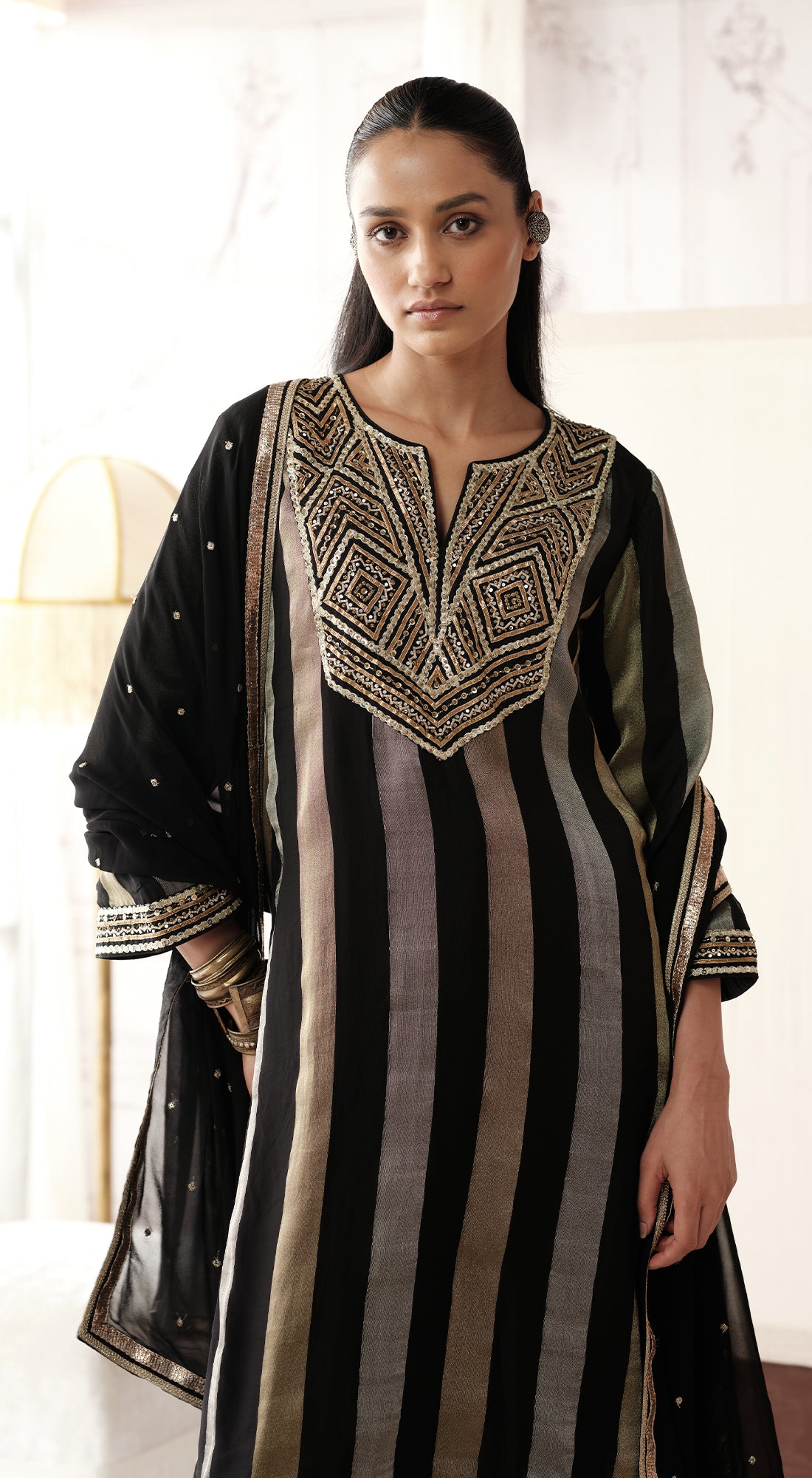 Black palazzo suit with sequin bead and gota lace work - Basanti kapde aur koffee