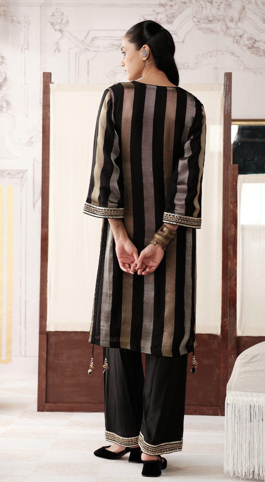 Black palazzo suit with sequin bead and gota lace work - Basanti kapde aur koffee
