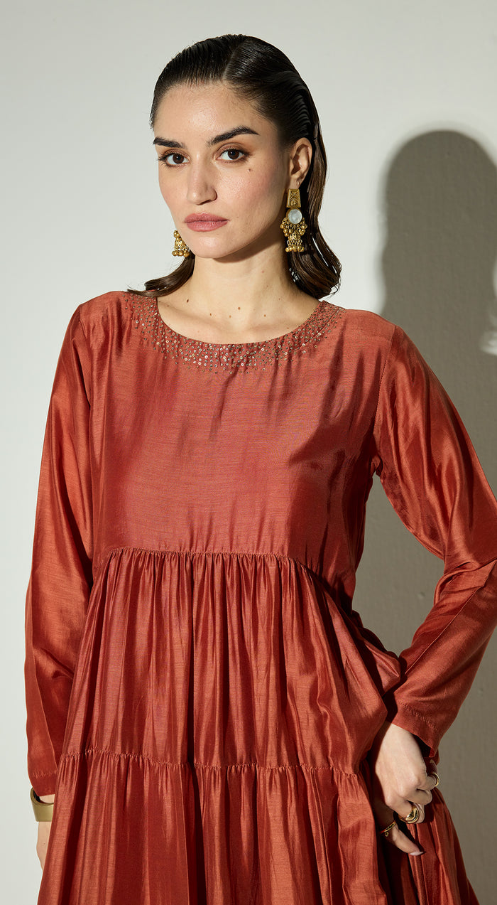 Rust Silk Embroidered  Anarkali Set