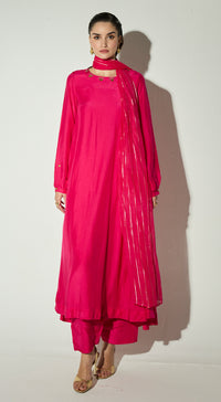 Rani-Pink Silk Embellished Kurta Set
