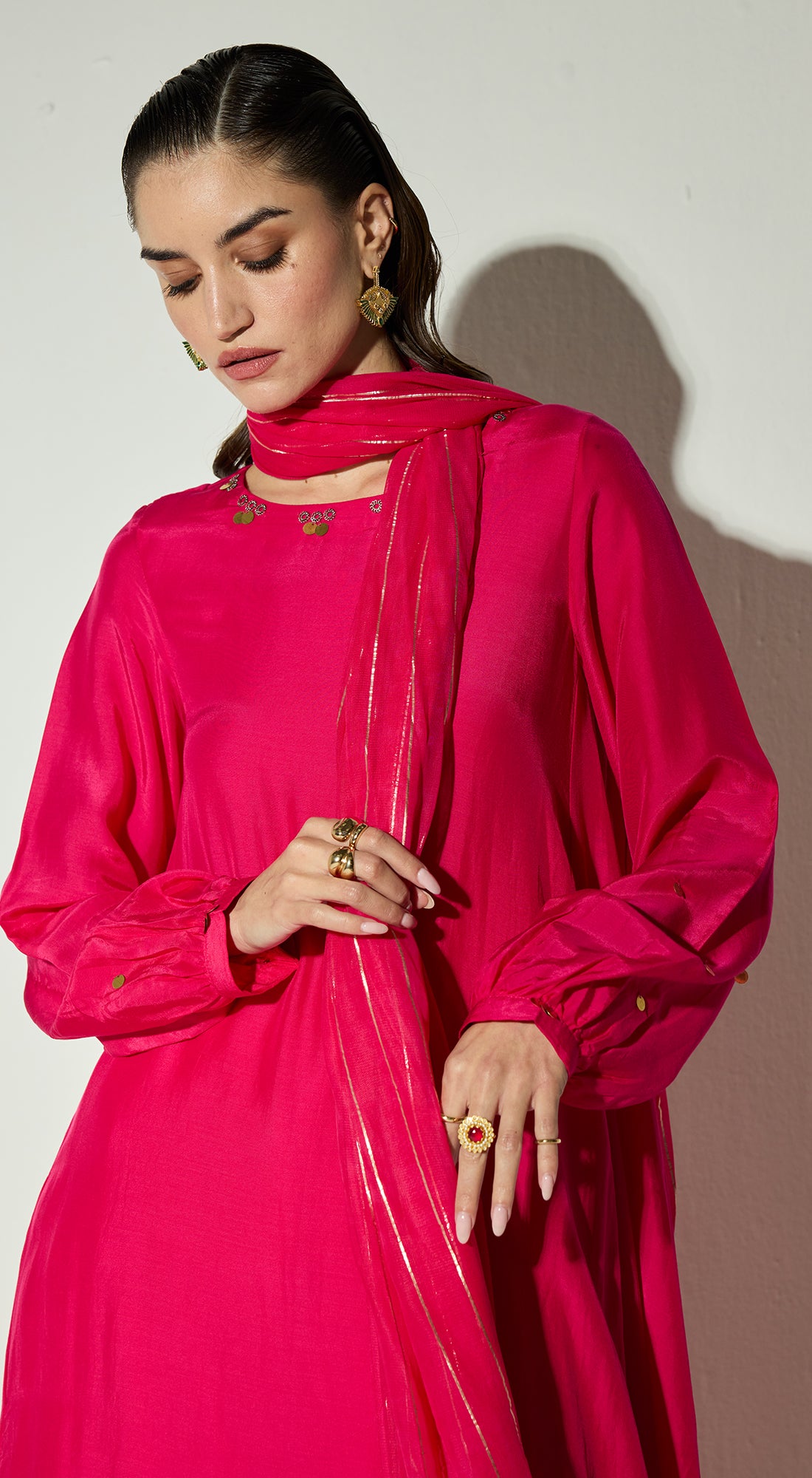 Rani-Pink Silk Embellished Kurta Set