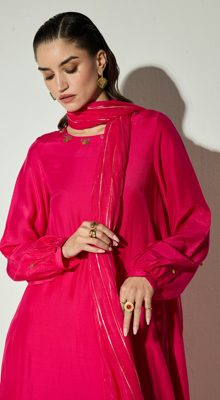 Rani-Pink Silk Embellished Kurta Set