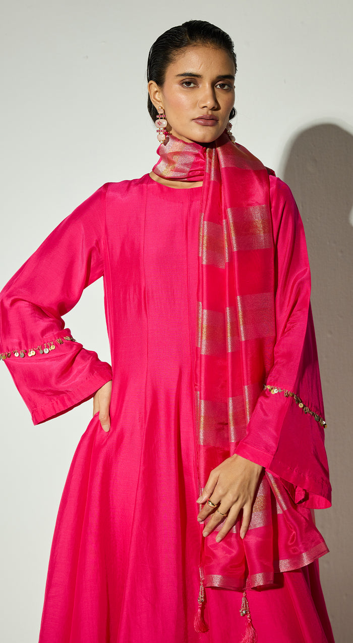 Rani-Pink Silk Embellished Anarkali Set