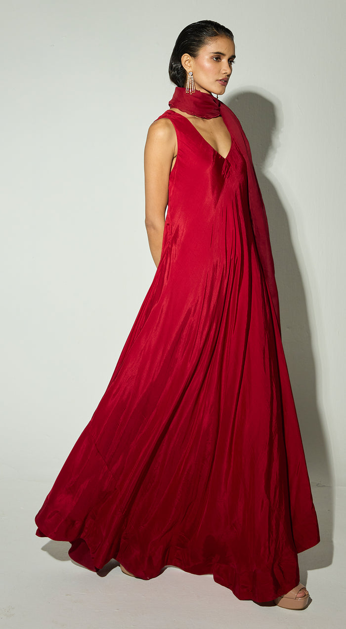 Red Silk Anarkali Set