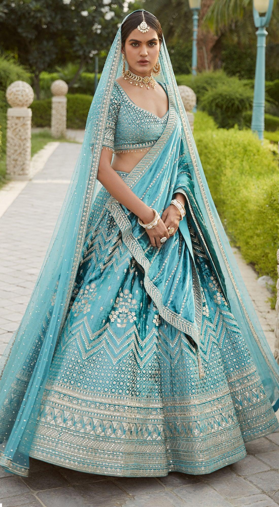 Blue Velvet heavy embroidered Bridal Lehenga Set with heavy dupatta