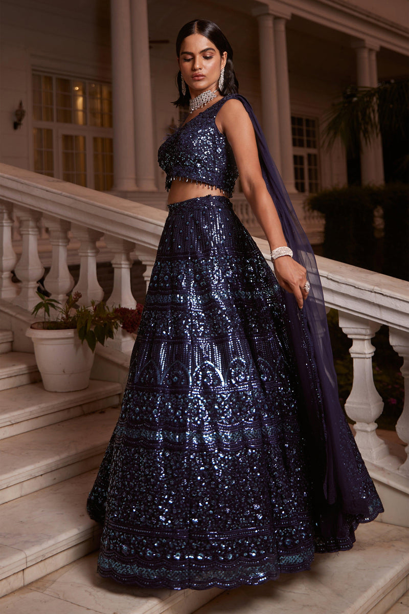 Blue Lehenga Set With Attached Dupatta - Basanti Kapde aur Koffee