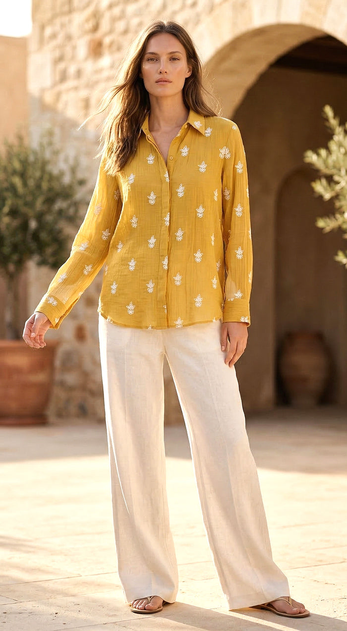 Mustard Cotton Thread Embroidered Shirt