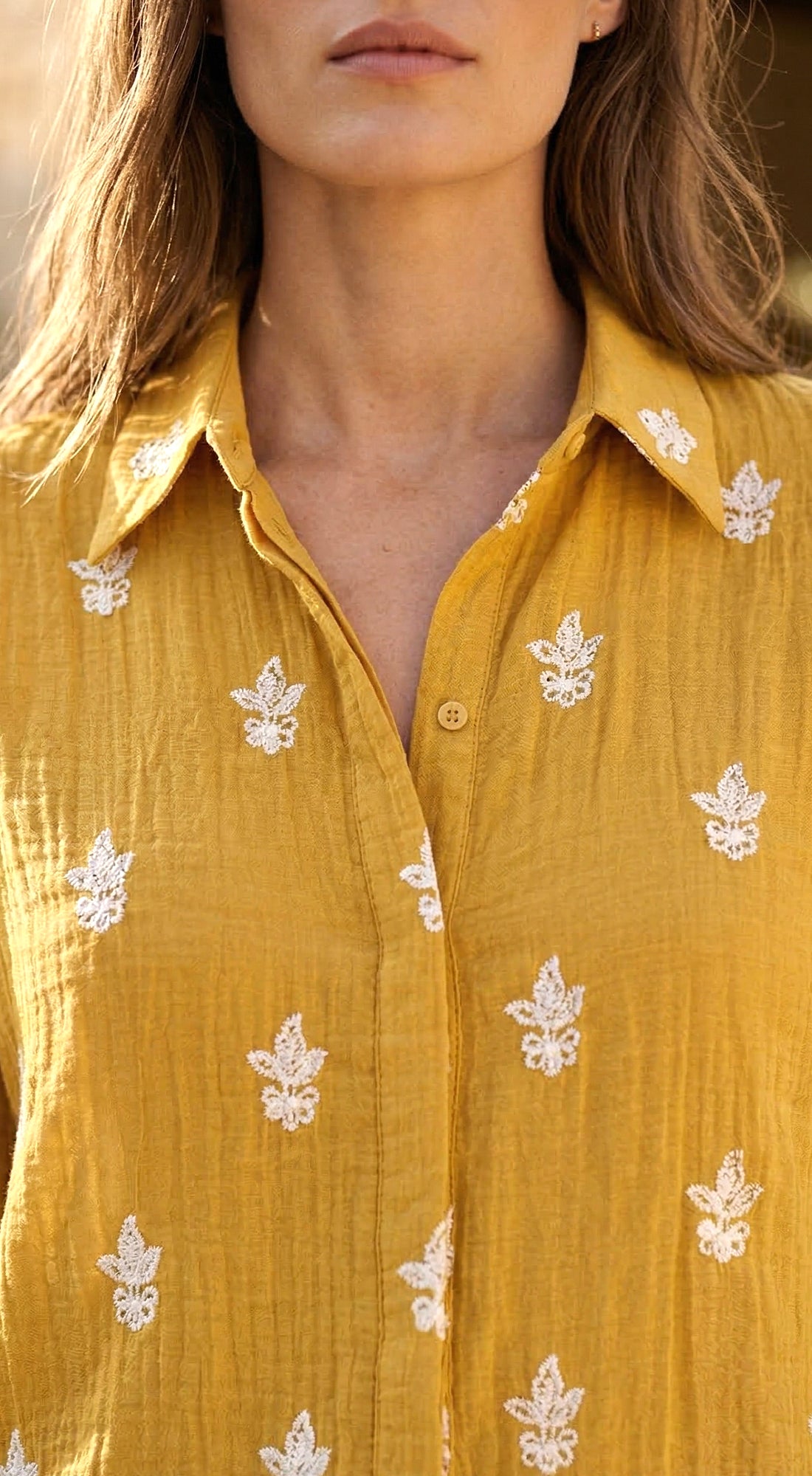 Mustard Cotton Thread Embroidered Shirt