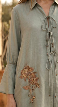 Aqua Zari Tie-Up Cotton Silk Shirt