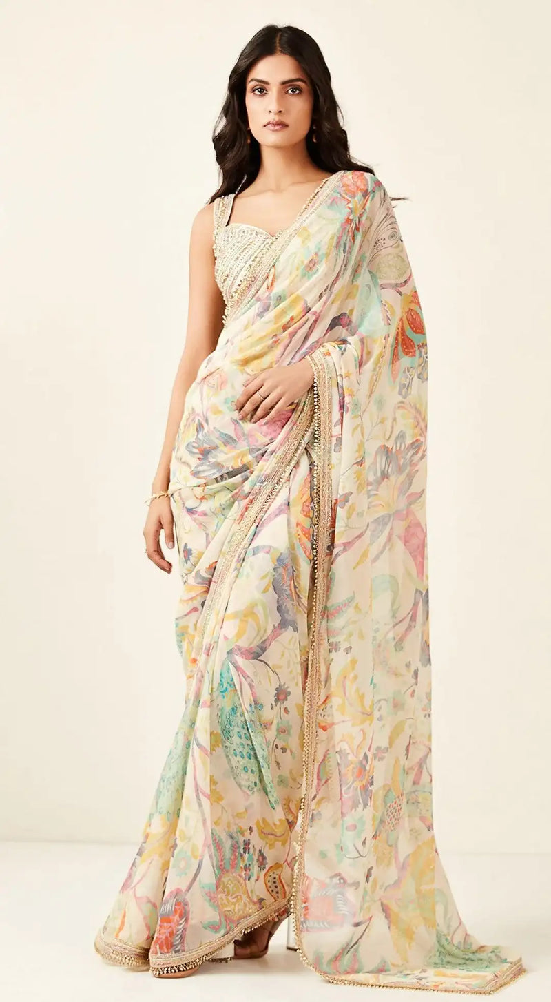 Multicoloured Printed Saree - Basanti Kapde aur Koffee