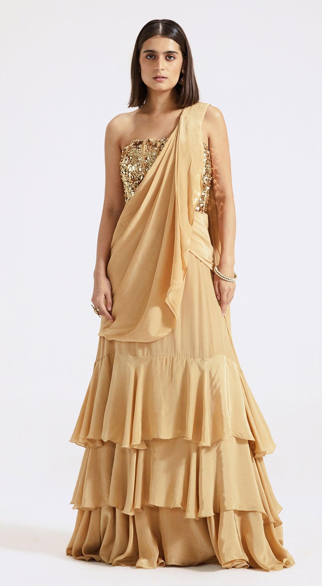 off shoulder goden shimmer blouse with multier ready to wear saree