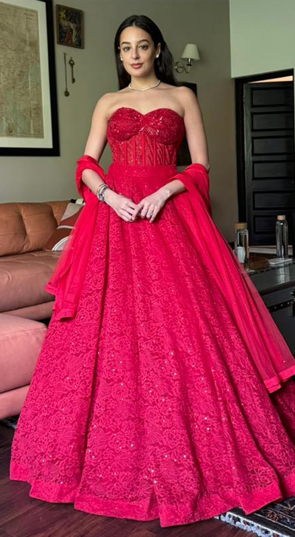 Red Chantley net corset lehenga set with sequins, cutdana and Swarovski embroidery - Basanti