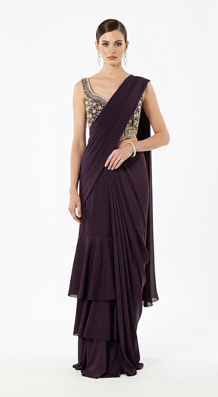 Purple Lycra Embroidered Draped Saree