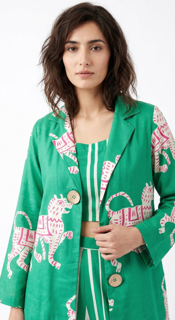Green Muslin Abstract Co-ord with Jacket