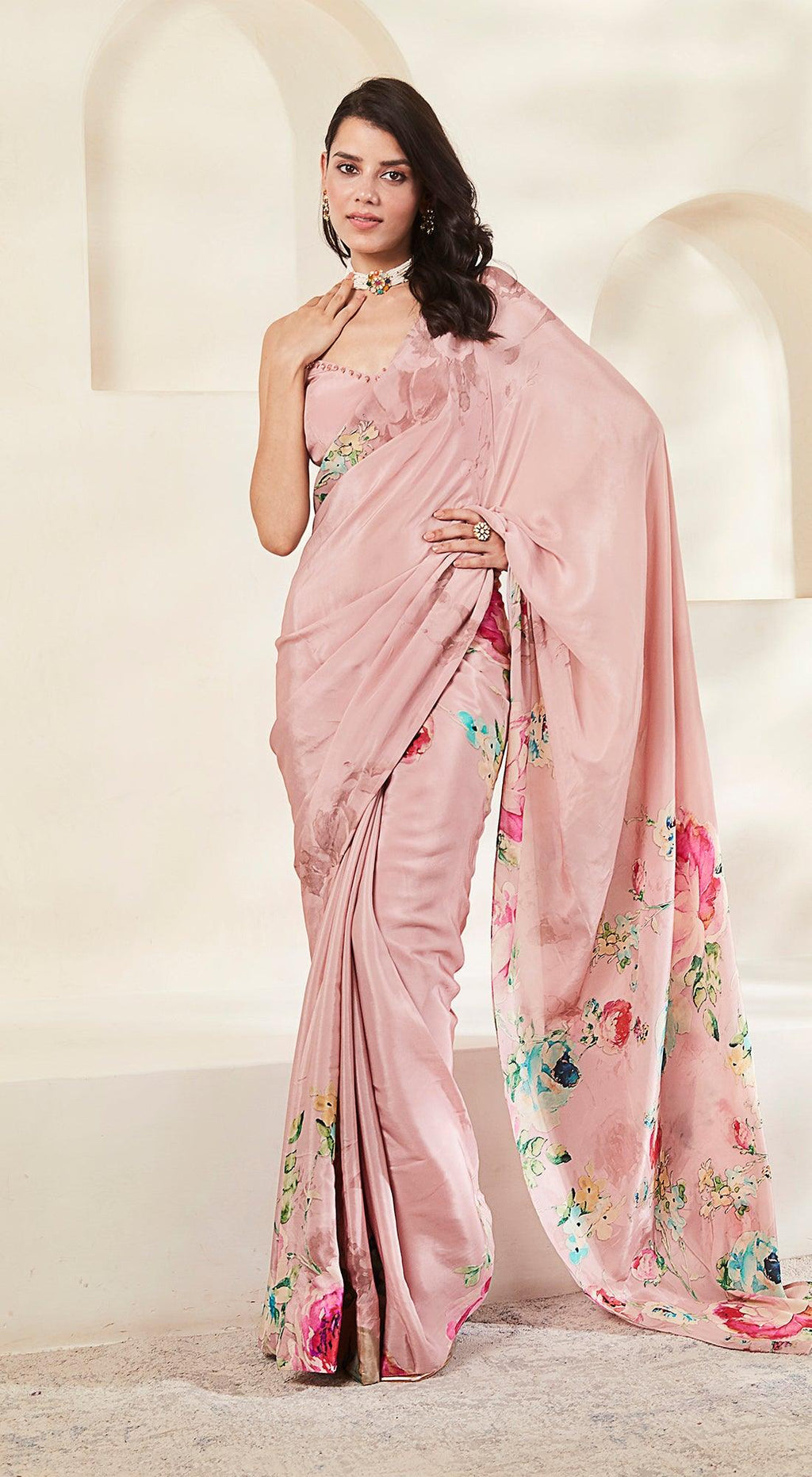 Peach Printed Saree Set - Basanti Kapde aur Koffee