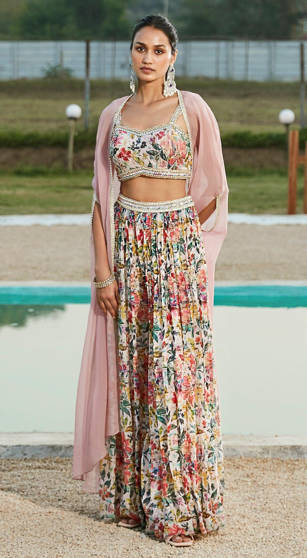 Salmon Pink Zardosi Cape Sharara Set