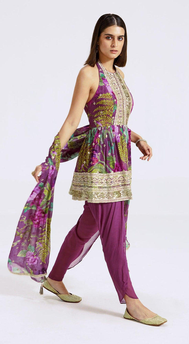 Purple Printed Peplum Kurta And Dhoti Set - Basanti Kapde aur Koffee