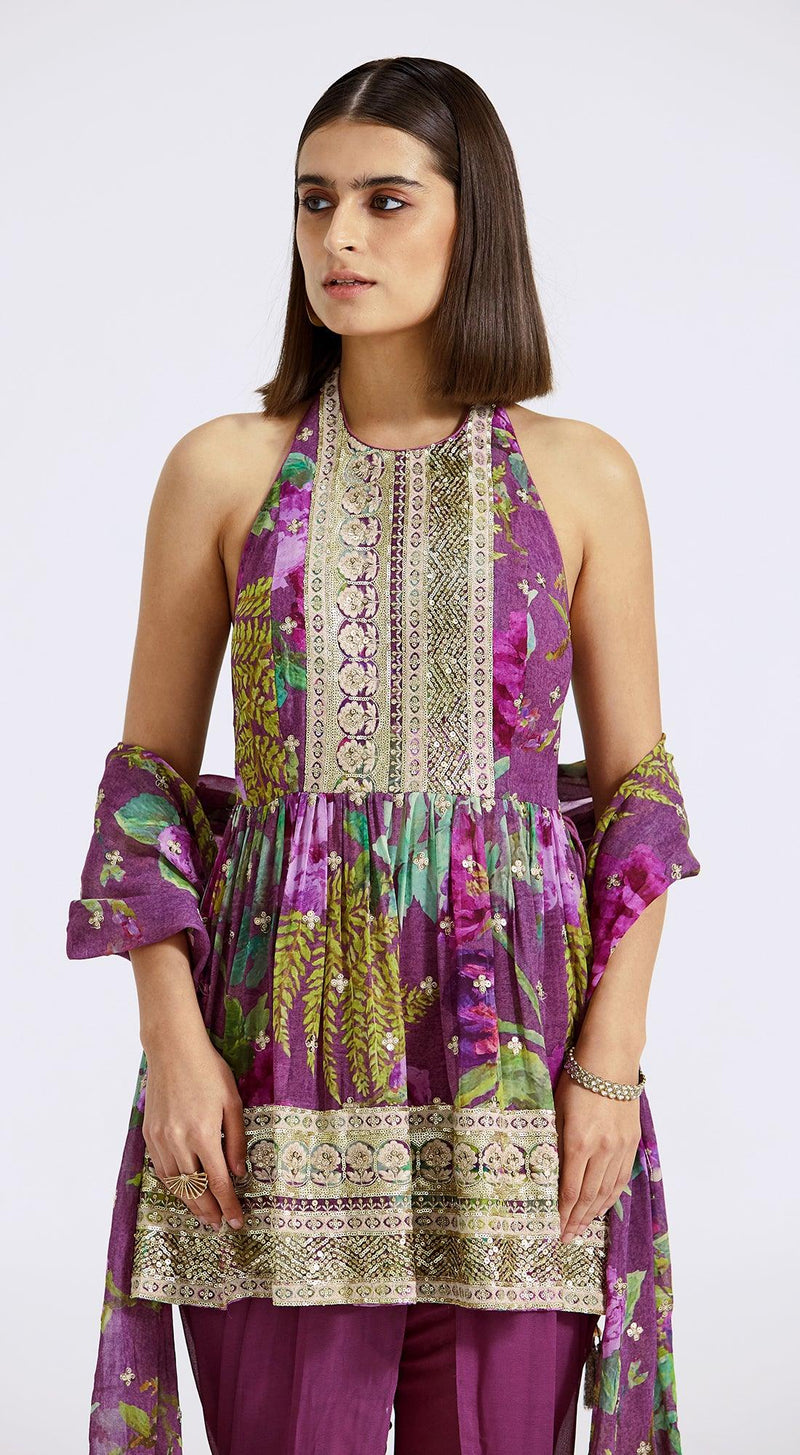 Purple Printed Peplum Kurta And Dhoti Set - Basanti Kapde aur Koffee