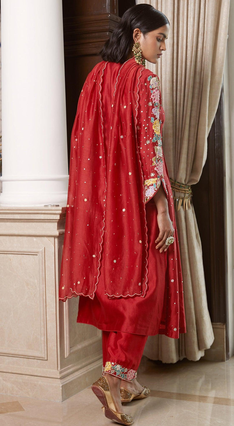 Red Chanderi Silk Embroidered Trouser Suit LSTV120984
