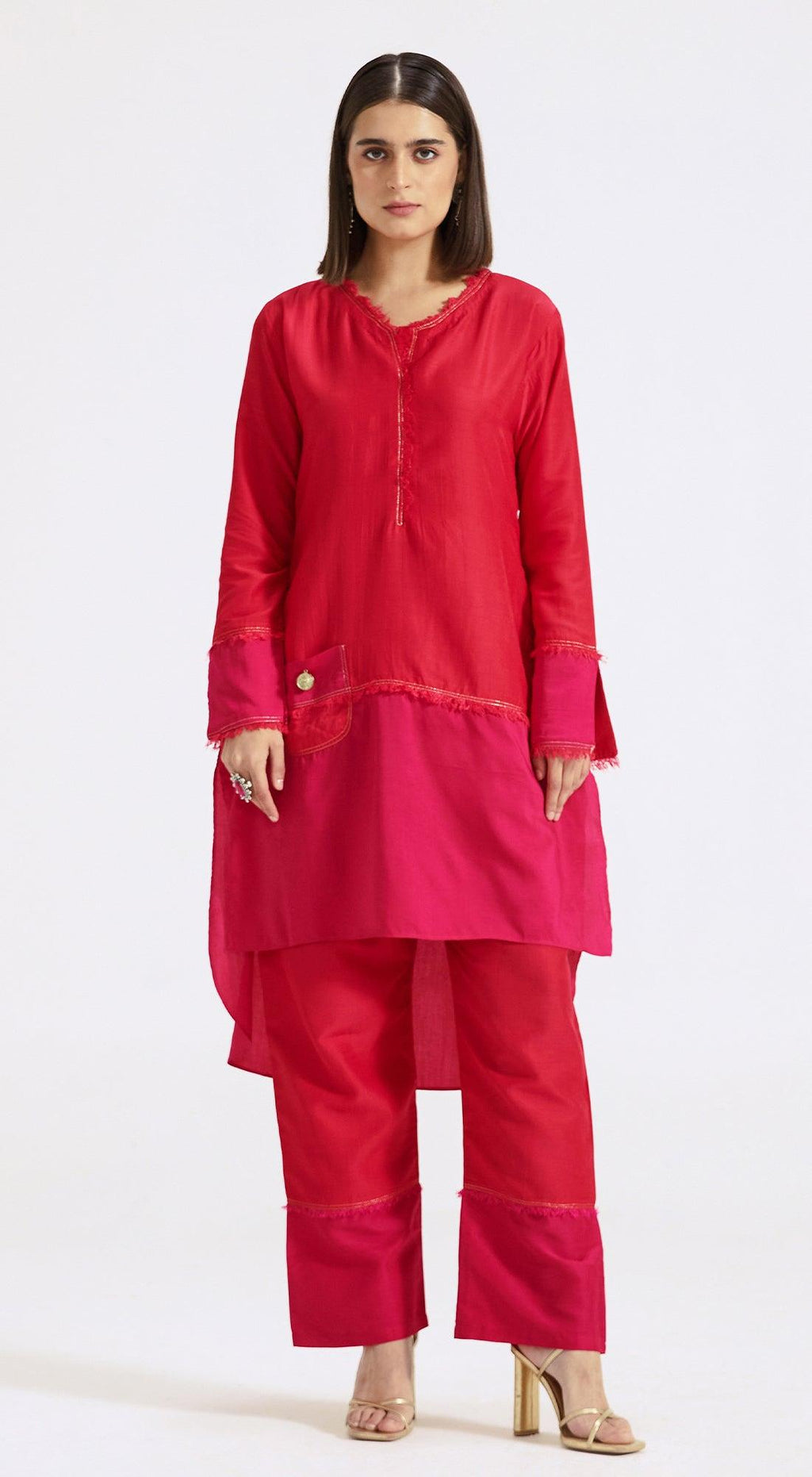 Red Color Block Coord Set - Basanti Kapde aur Koffee