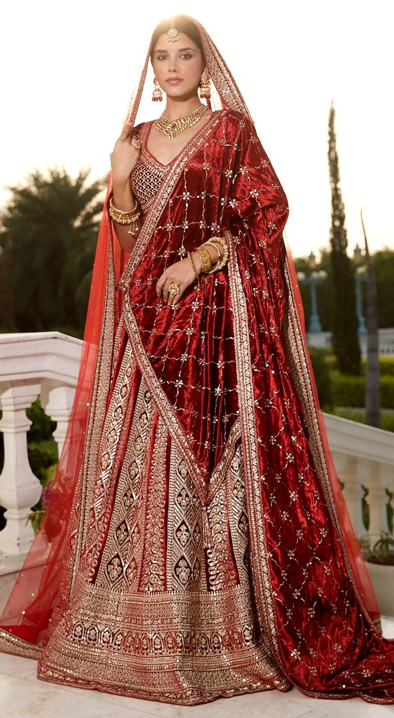 Red Velvet Bridal Lehenga Set - Basanti Kapde aur Koffee