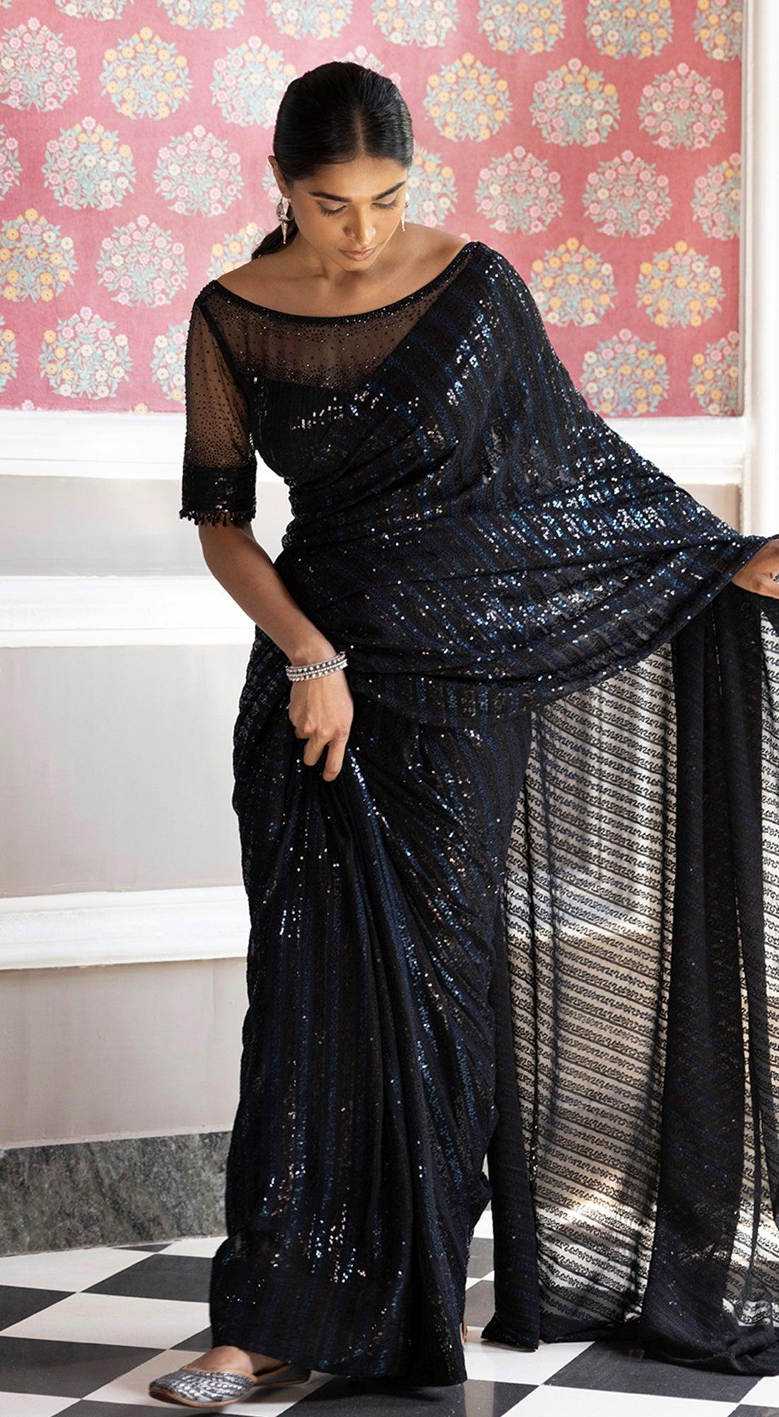 Pre-stitched Ready to Wear Black Sarees – Kadambani