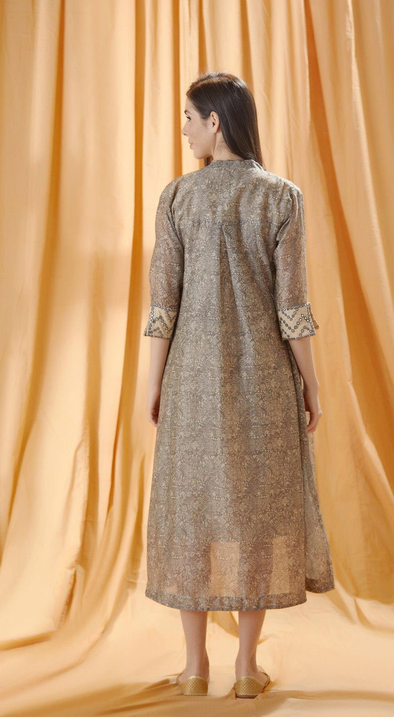 Cream Beige printed Tunic Dress With Jacket Having Mirror Embroidery-WHITE - Basanti Kapde aur Koffee