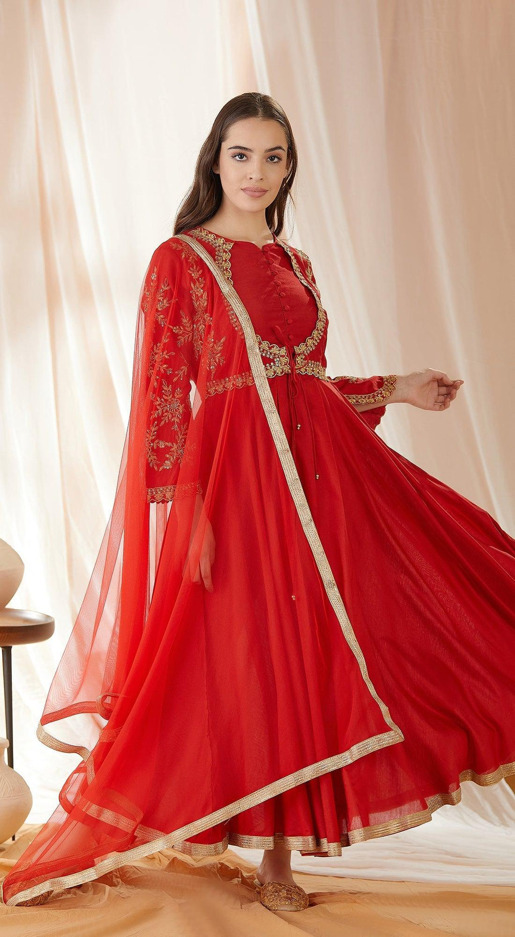 Crimson Red Anarkali Suit Set With Dupatta - Basanti Kapde aur Koffee