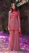 Drop Printed Full Sleeves Sharara Suit Set with A Peplum Top Front Embellishment - RED - Basanti Kapde aur Koffee