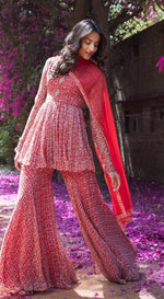 Drop Printed Full Sleeves Sharara Suit Set with A Peplum Top Front Embellishment - RED - Basanti Kapde aur Koffee