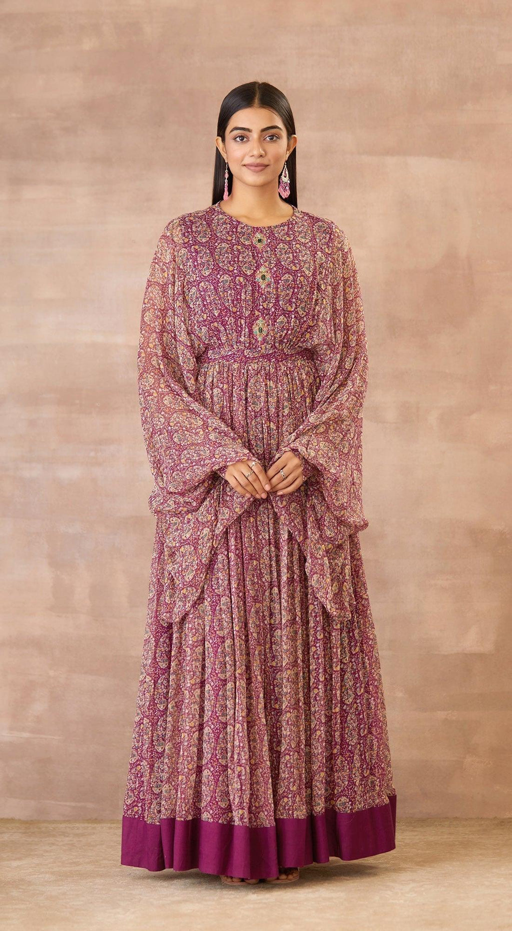 Drop Printed Wine Maxi Dress With Bishop Sleeve and Embellished Belt - Basanti Kapde aur Koffee