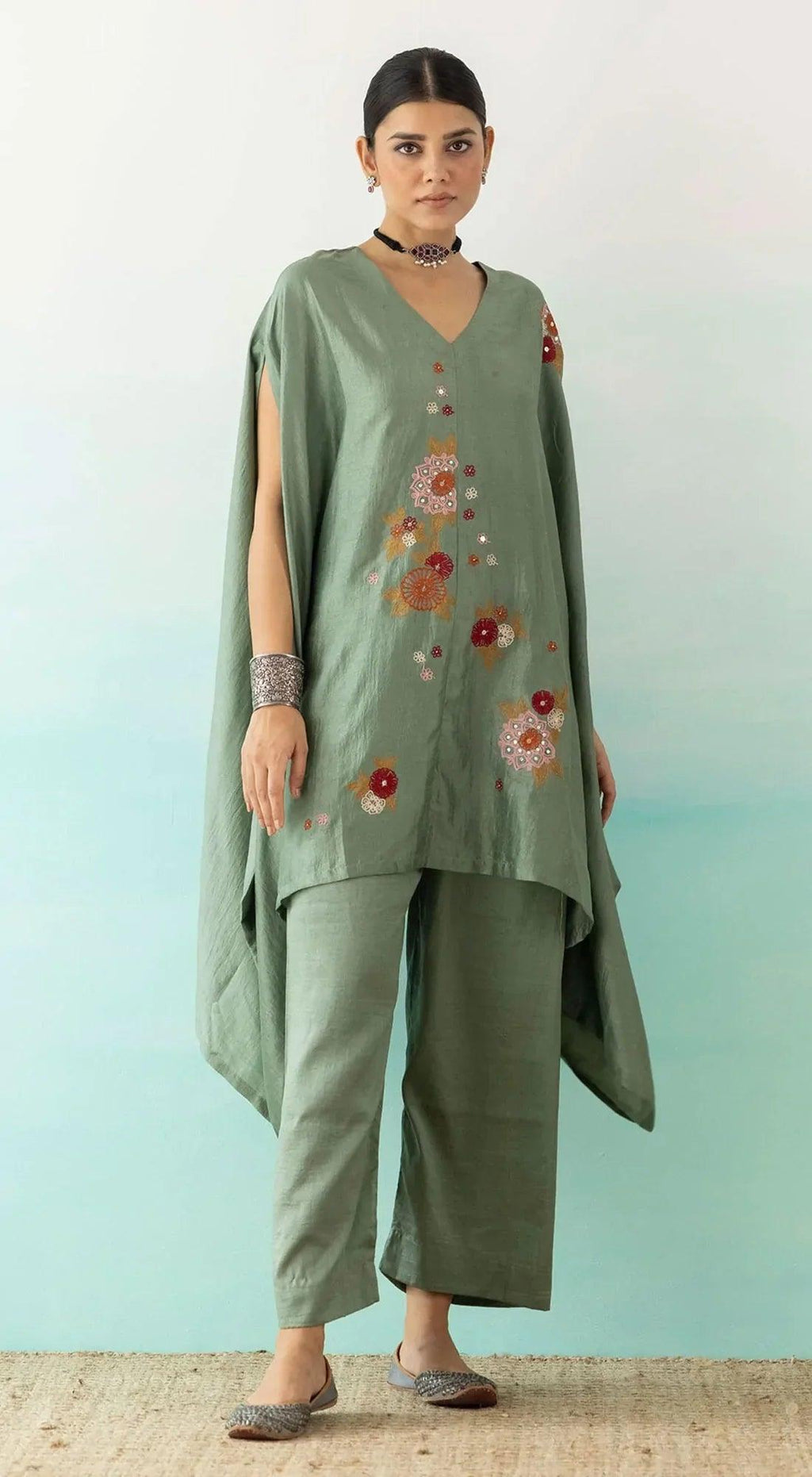 Fern Green Embroidered Asymmetric Kurta And Pants - Basanti Kapde aur Koffee