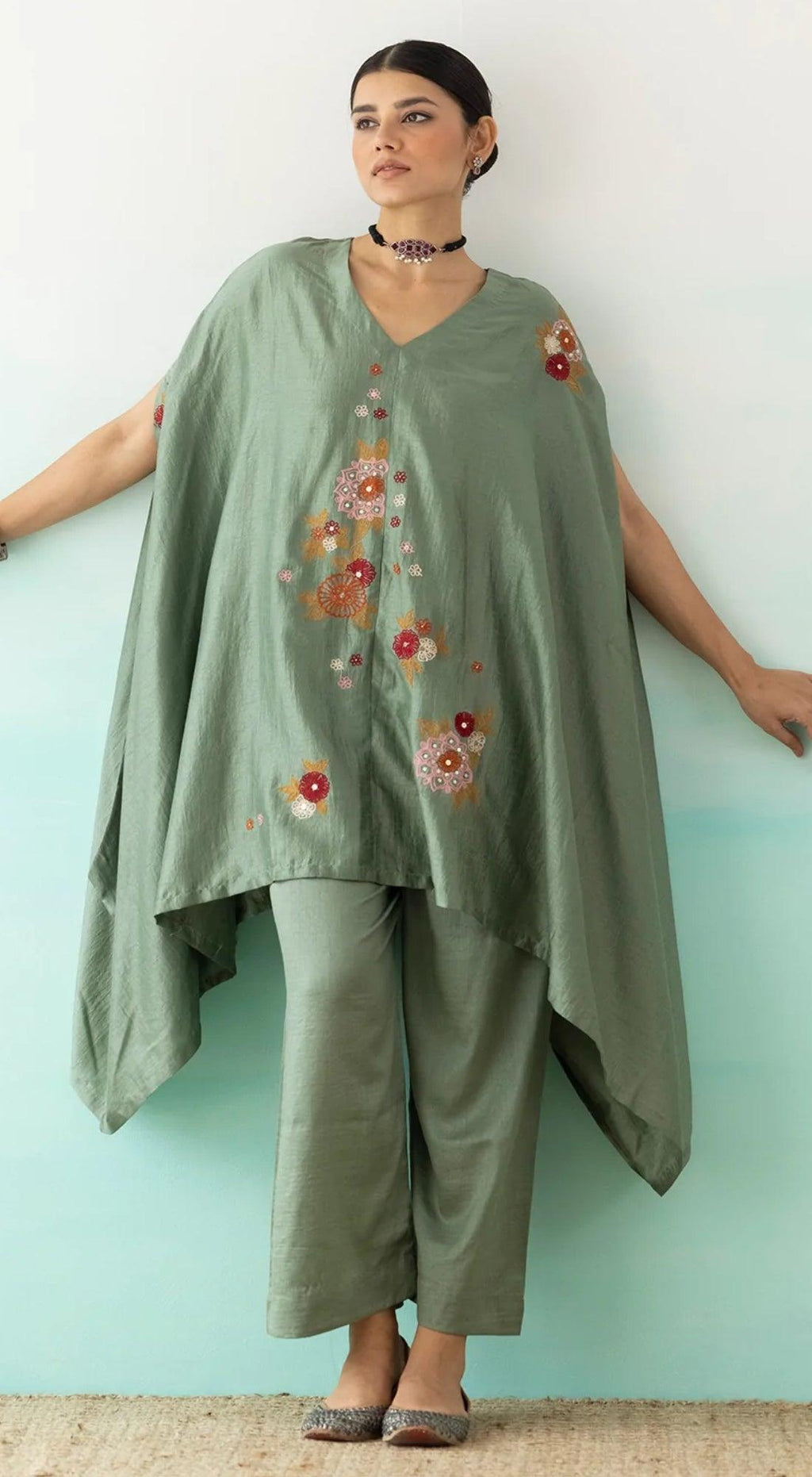 BAATCHEET COTTON FULL SLEEVES SOLID KURTA AND PANT WITH ELEPHANT BROOCH -  PISTA GREEN