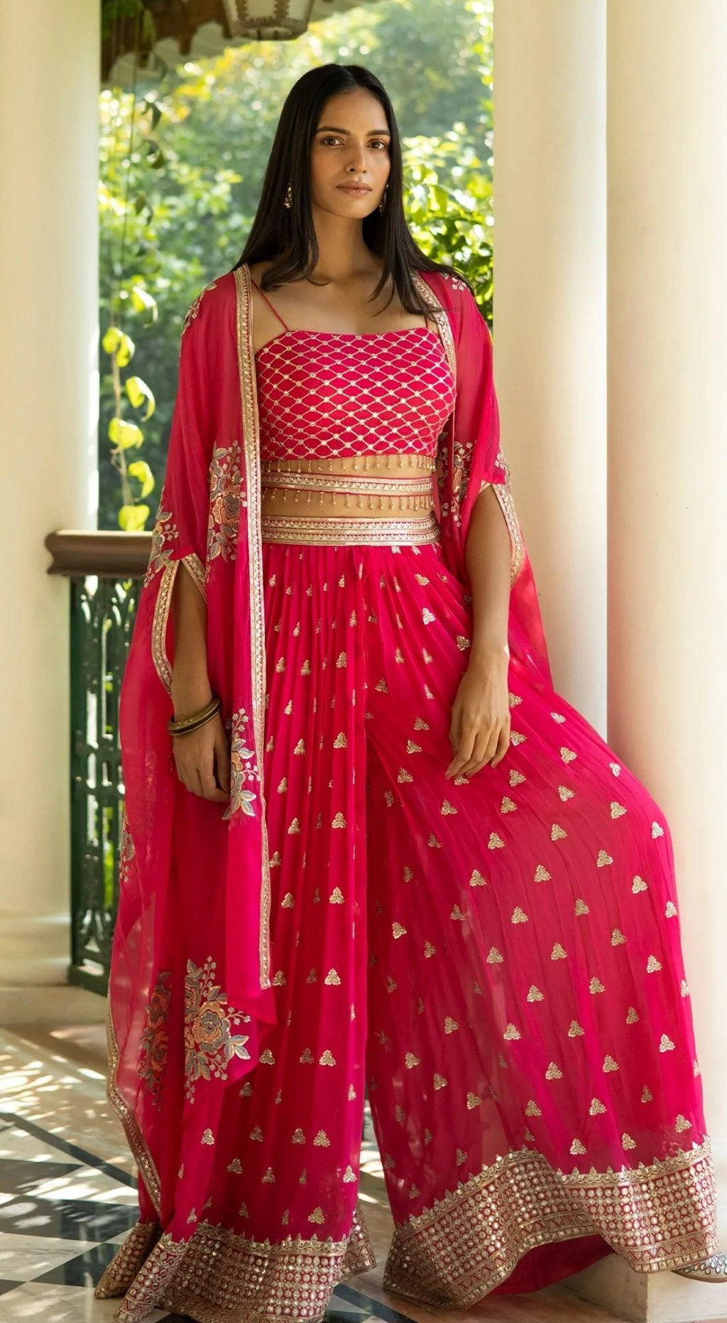 fuscia pink palazzo set with bustier and floral motif cepe - Basanti Kapde aur Koffee