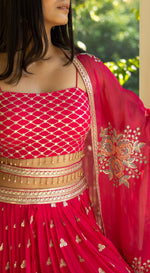 fuscia pink palazzo set with bustier and floral motif cepe - Basanti Kapde aur Koffee